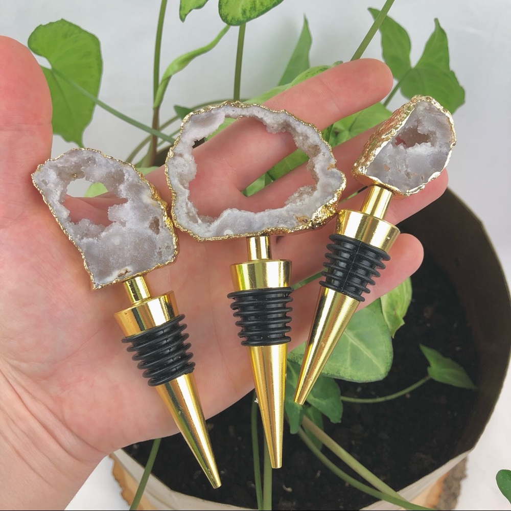 Clear Crystal Quartz Druzy Geode gold plated wine bottle stopper topper stone - Picture 7 of 13